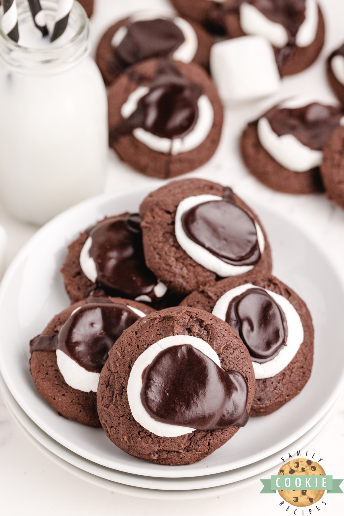 Chocolate Marshmallow Cookies are soft and thick chocolate cookies topped with a marshmallow and chocolate icing. Delicious chocolate cookie recipe with marshmallow.