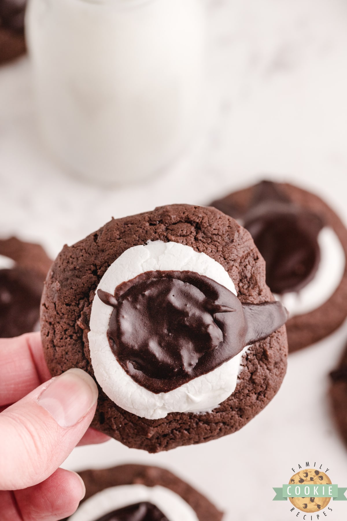 Homemade chocolate cookie with marshmallow and frosting on top