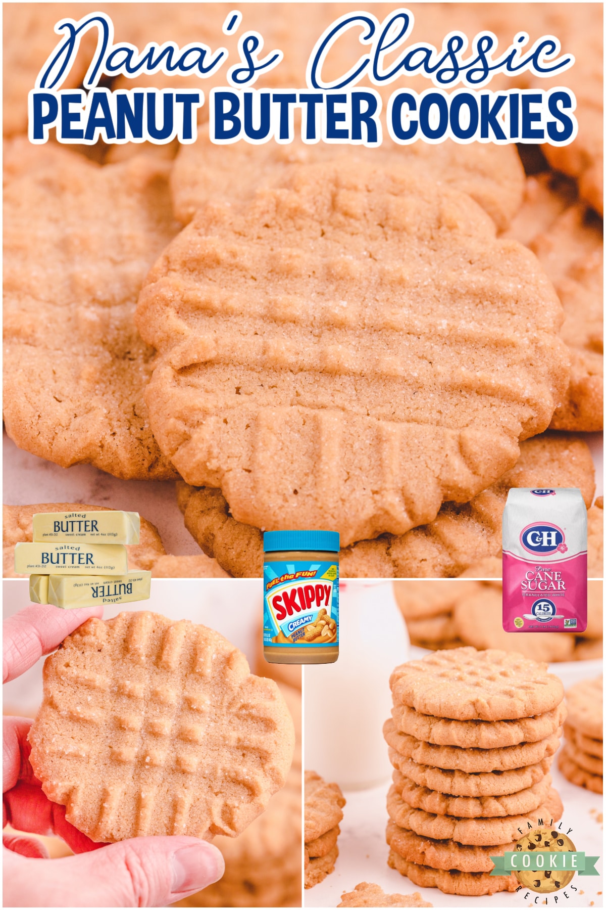 Nothing beats Grandma's peanut butter cookies and this recipe is sure to make you feel nostalgic! Simple old fashioned peanut butter cookies made with classic ingredients like butter, peanut butter, sugar, eggs & flour. 