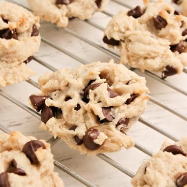 cream cheese chocolate chip cookies on a cooling rack