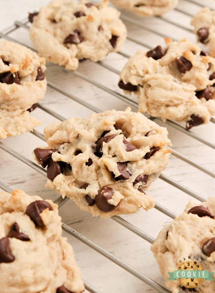 cream cheese chocolate chip cookies on a cooling rack