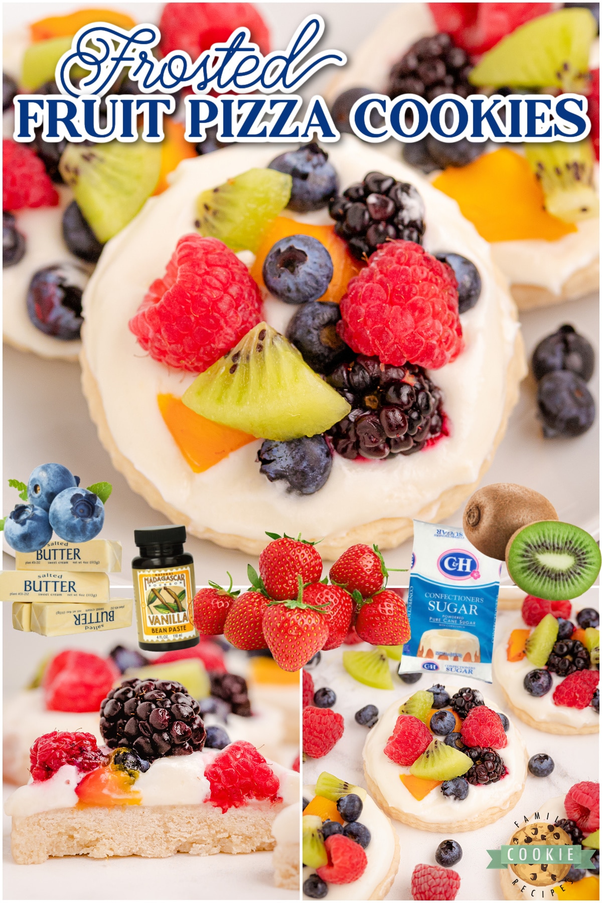 Easy Fruit Pizza Cookies ~ everything you love about fruit pizza, but in cookie form! Soft, vanilla cookies baked & topped with sweet cream & fresh fruits and berries! 