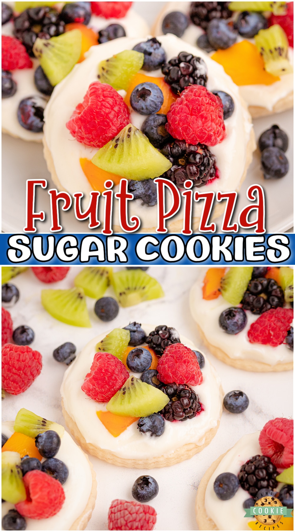 Easy Fruit Pizza Cookies ~ everything you love about fruit pizza, but in cookie form! Soft, vanilla cookies baked & topped with sweet cream & fresh fruits and berries!