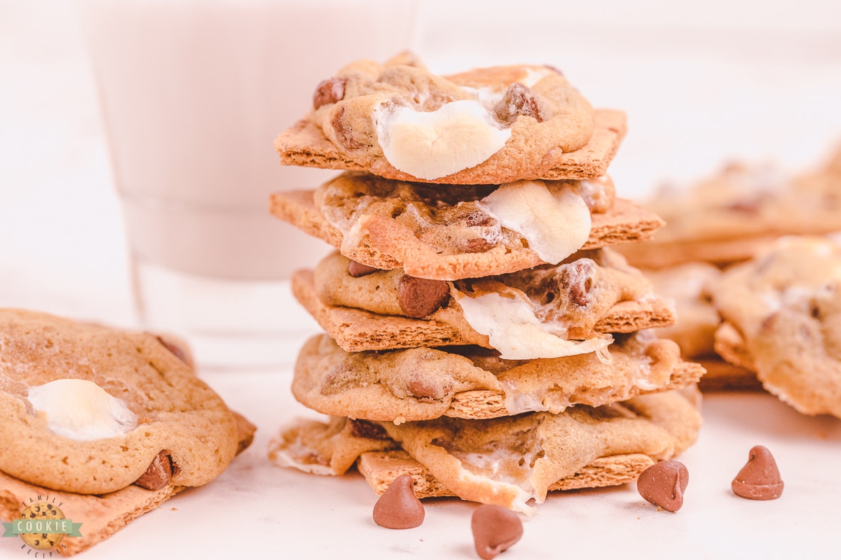 stack of s'mores chocolate chip cookies
