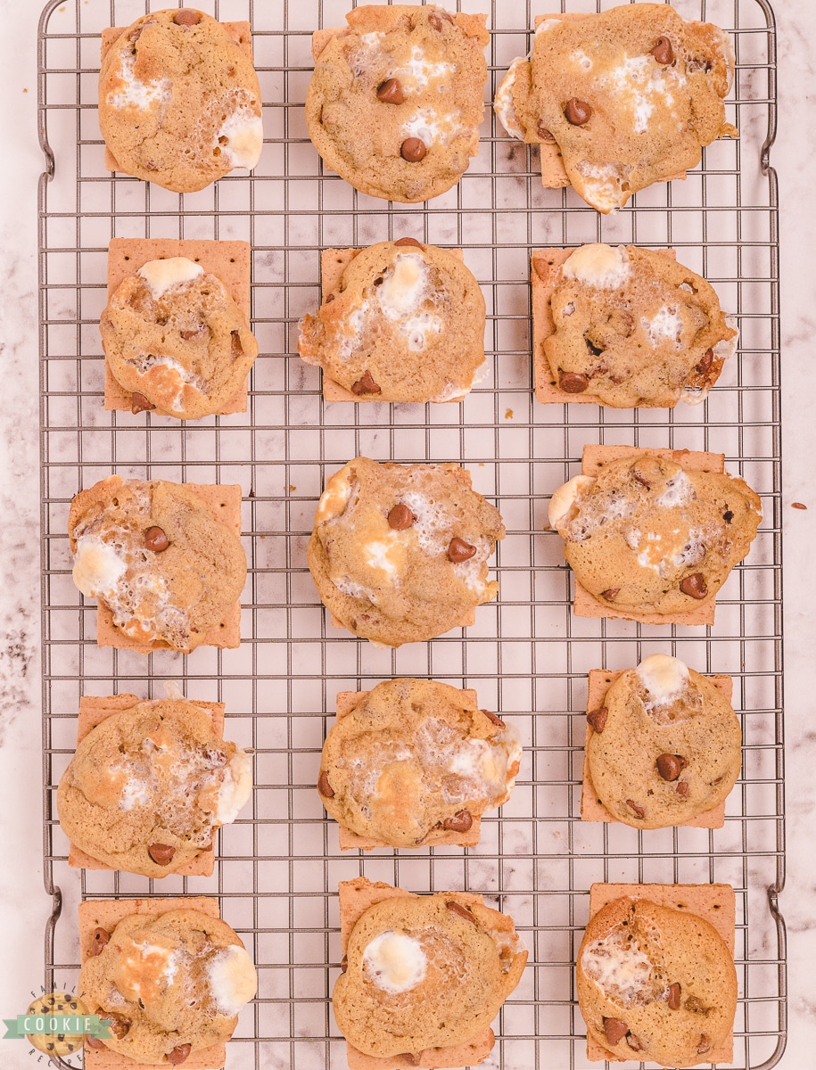 s'mores chocolate chip cookies on a cooling rack