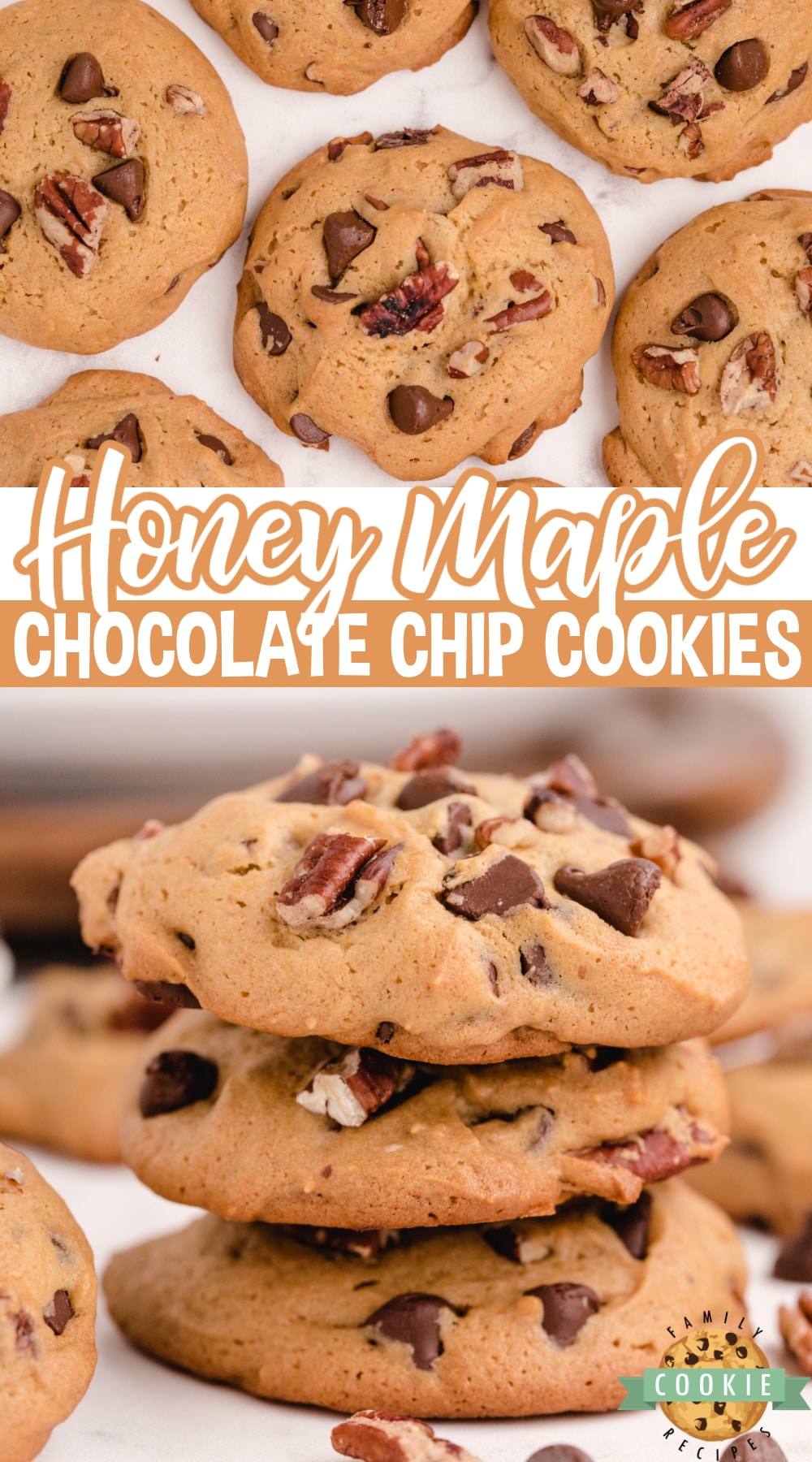 Honey Maple Chocolate Chip Cookies made with honey, maple syrup, pecans and chocolate chips. Amazingly flavorful and unique chocolate chip cookie recipe!