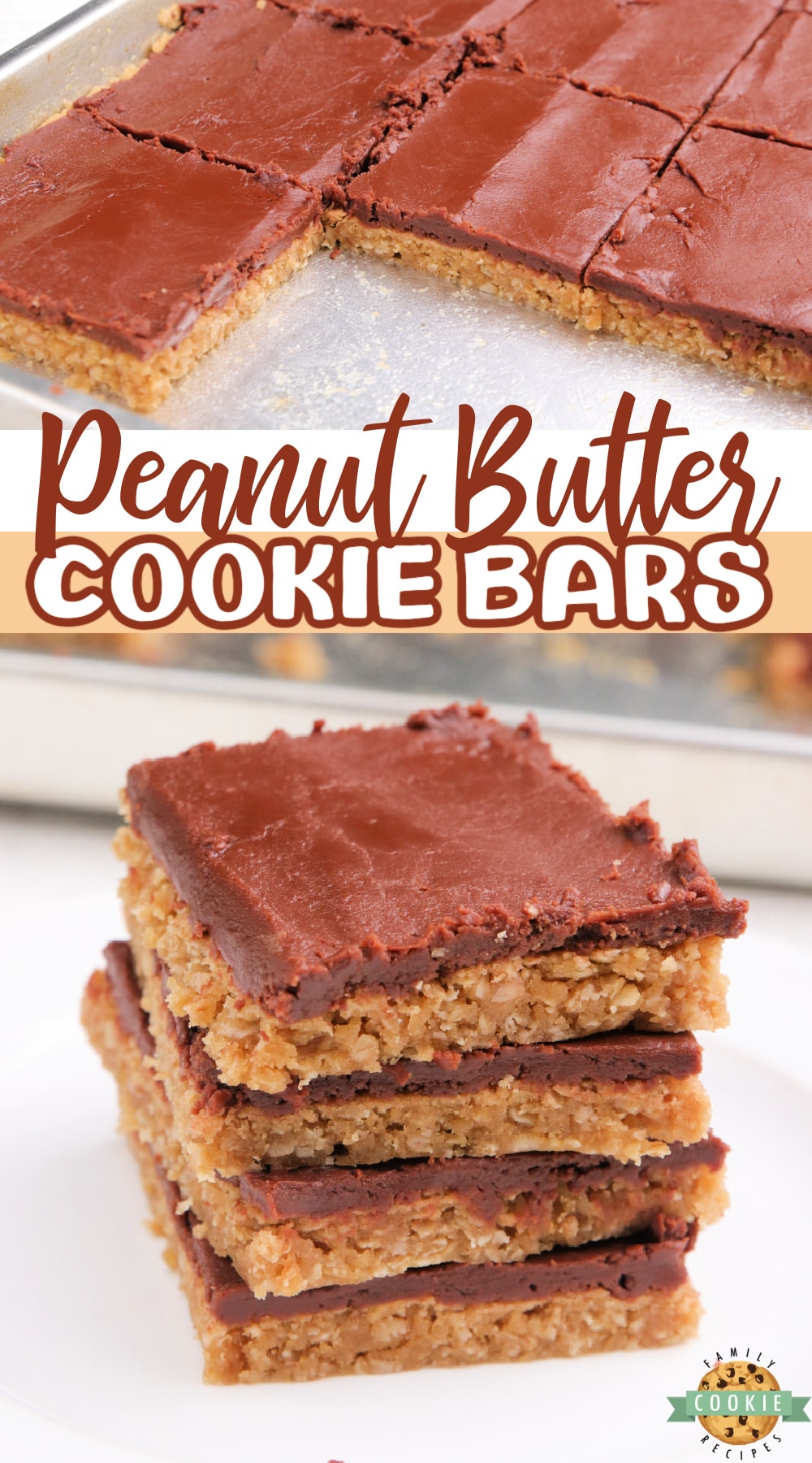 Peanut Butter Cookie Bars are soft and chewy with a chocolate fudge frosting on top. Delicious cookie bar recipe made with peanut butter, oats and a simple chocolate ganache for the frosting!