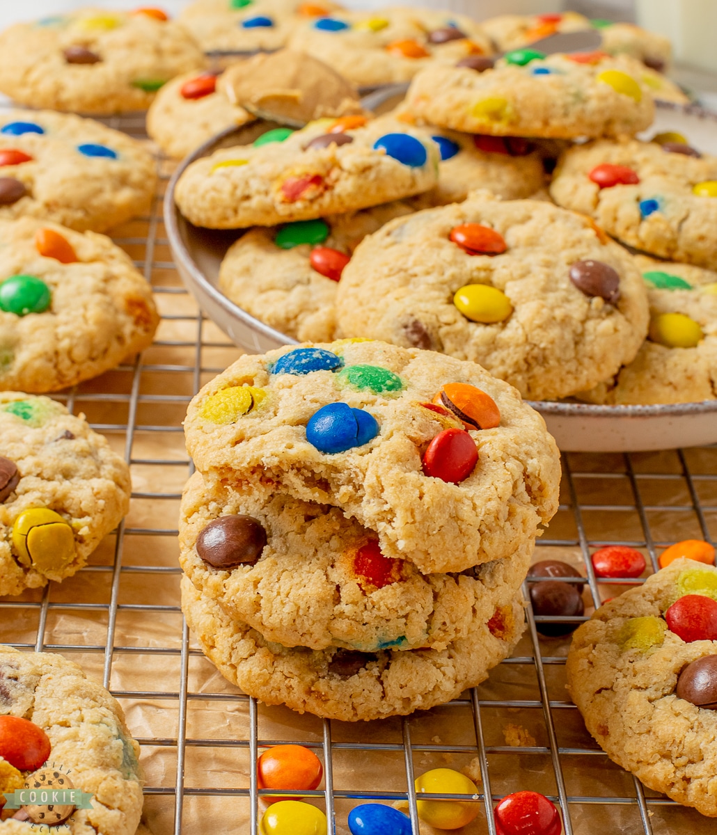 peanut butter oatmeal M&M cookies with a bite taken out