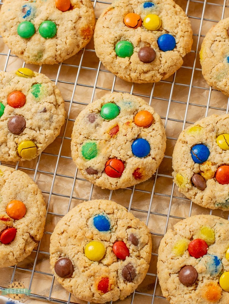 M&M cookies on a cooling rack