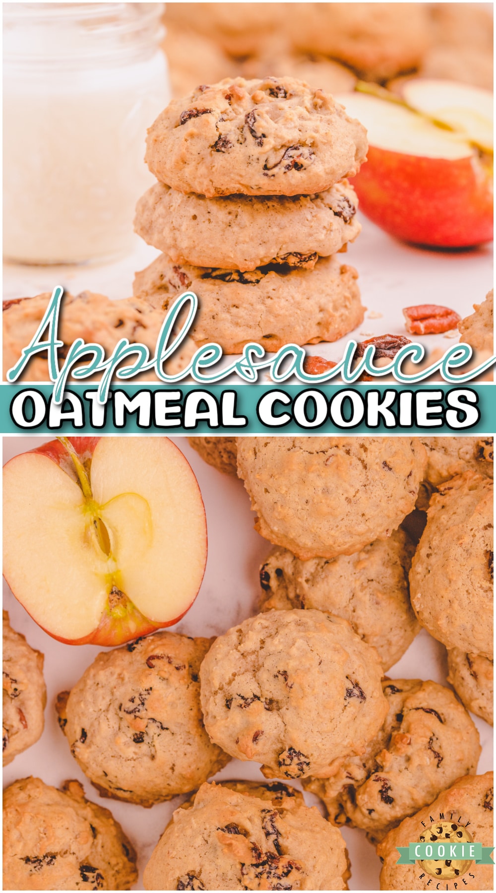 Applesauce oatmeal cookies are packed with cinnamon spice, raisins, and chopped pecans in every bite! Soft, chewy oatmeal cookies with a wonderful flavor combination you're going to love!