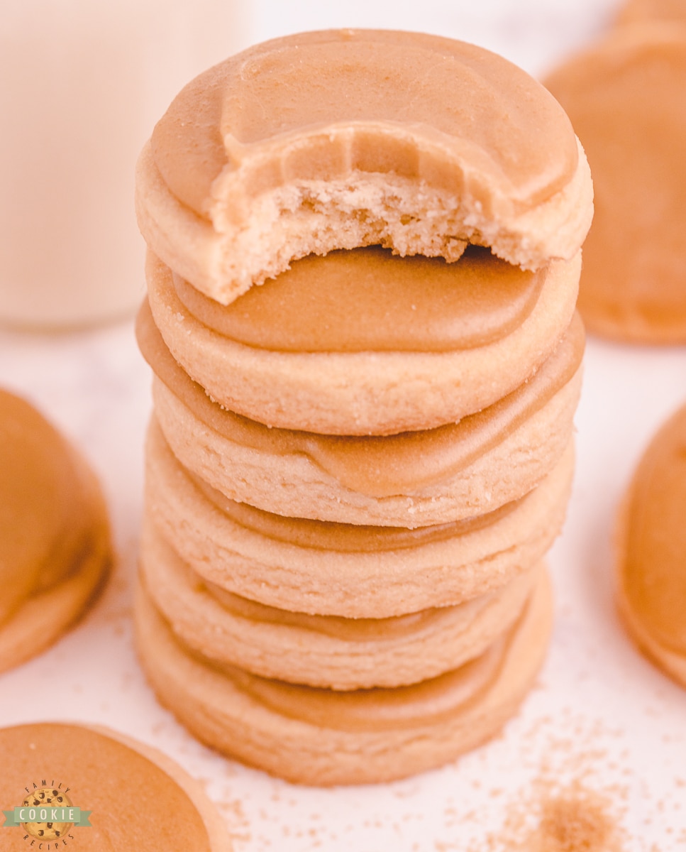 bite out of a brown sugar iced cookie