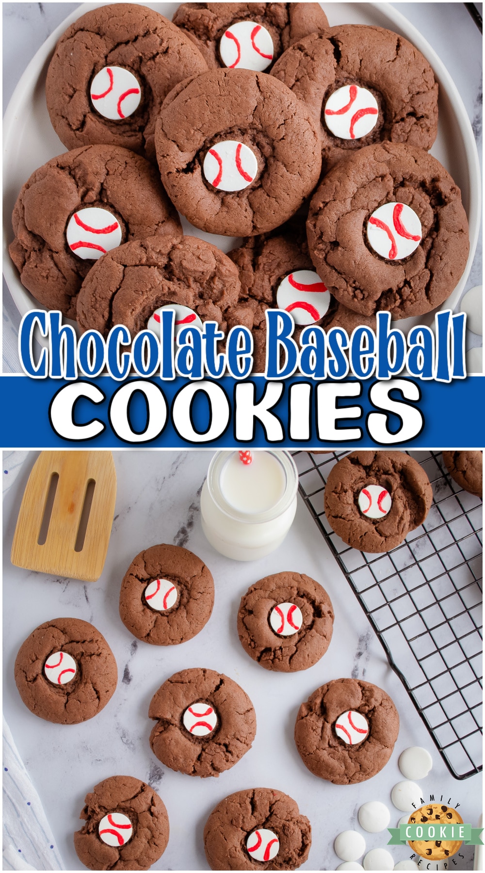 Chocolate Baseball Cookies are a fun & festive treat that's a big hit with any crowd. These baseball themed cookies are chocolate cookies with a candy center decorated to look like a baseball!