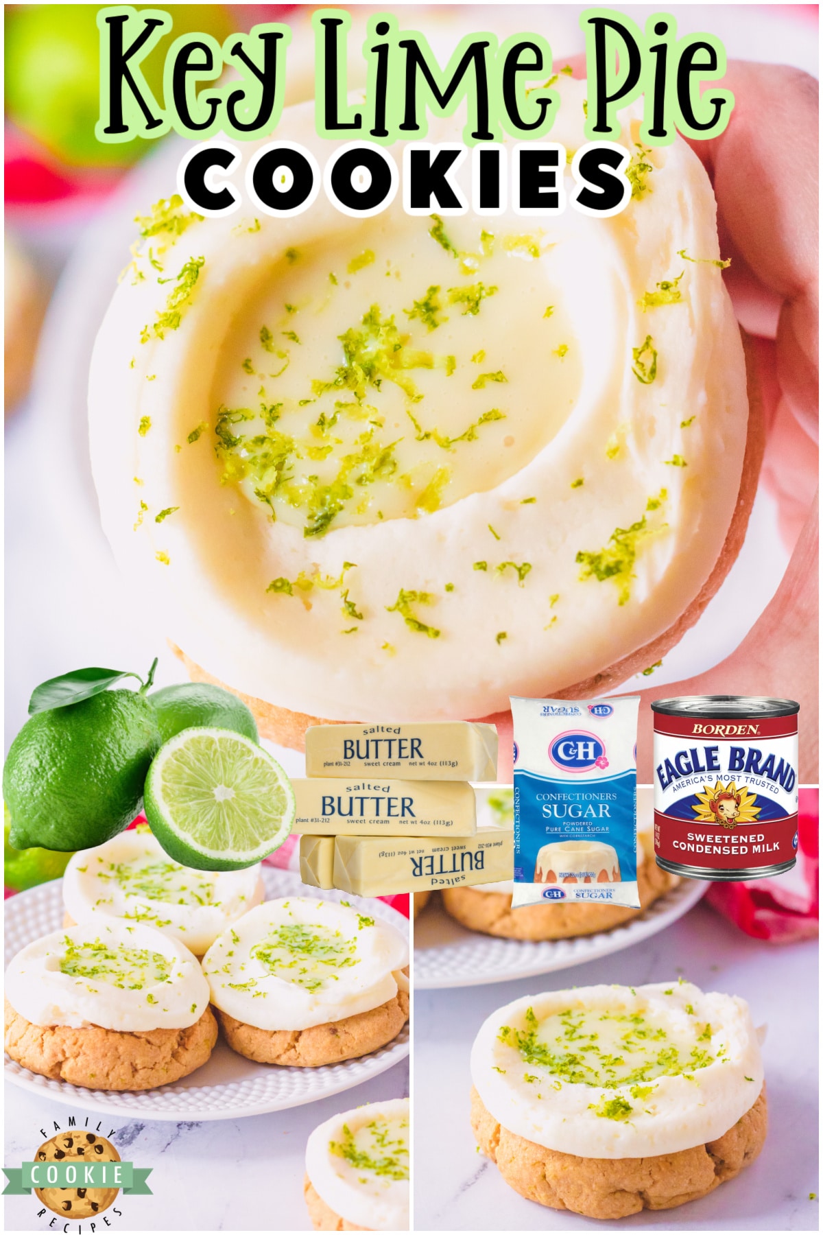 Key lime pie cookies made with a sugar cookie base & topped with key lime filling and a lime buttercream! Tangy, sweet lime cookies that are perfect for summer.