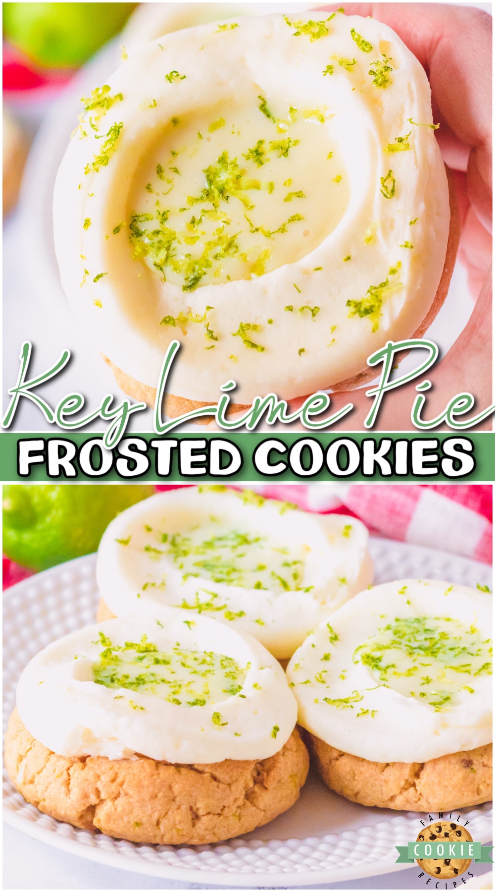 Key lime pie cookies made with a sugar cookie base & topped with key lime filling and a lime buttercream! Tangy, sweet lime cookies that are perfect for summer.