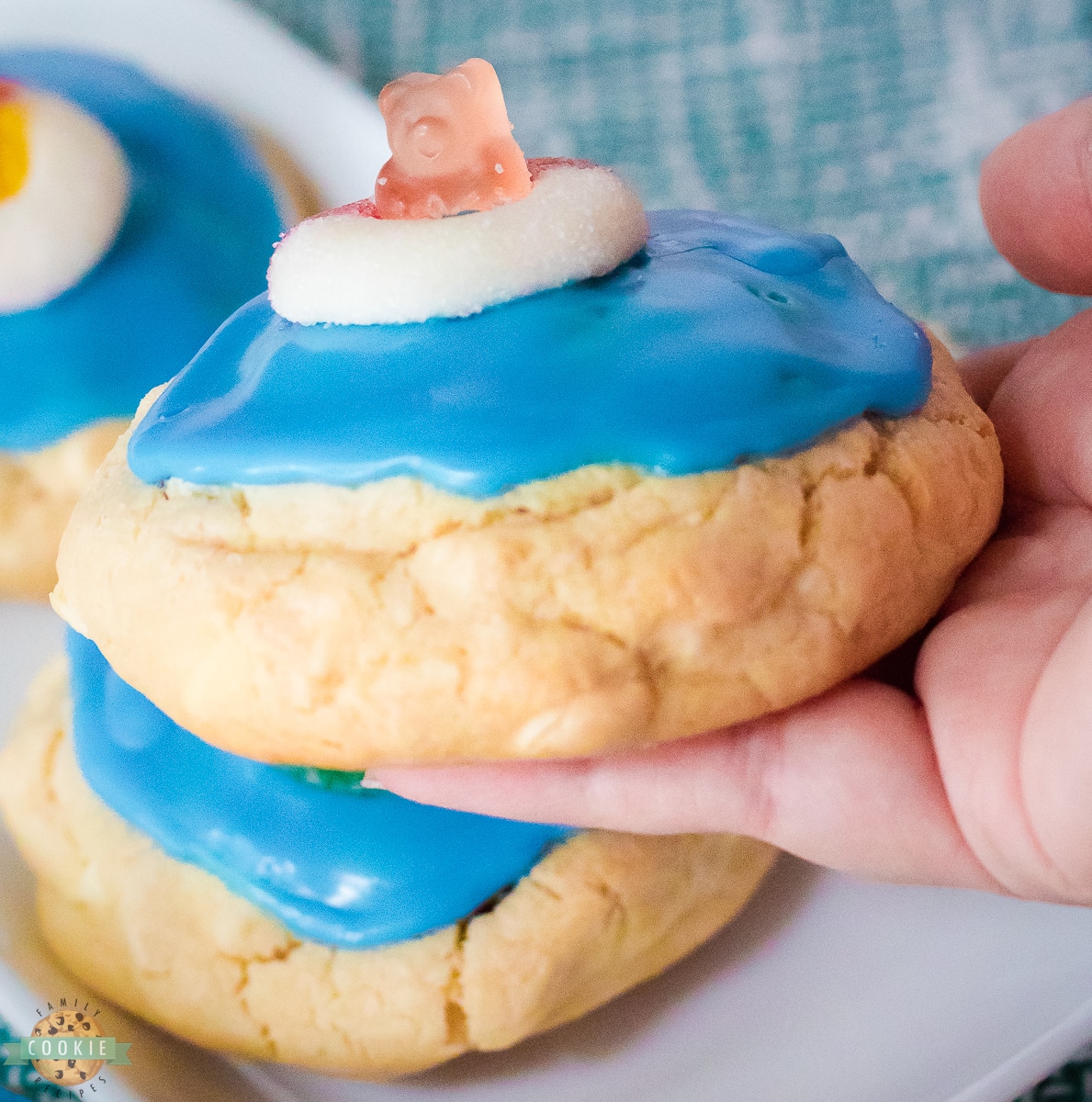 pool party cookies with a gummy bear