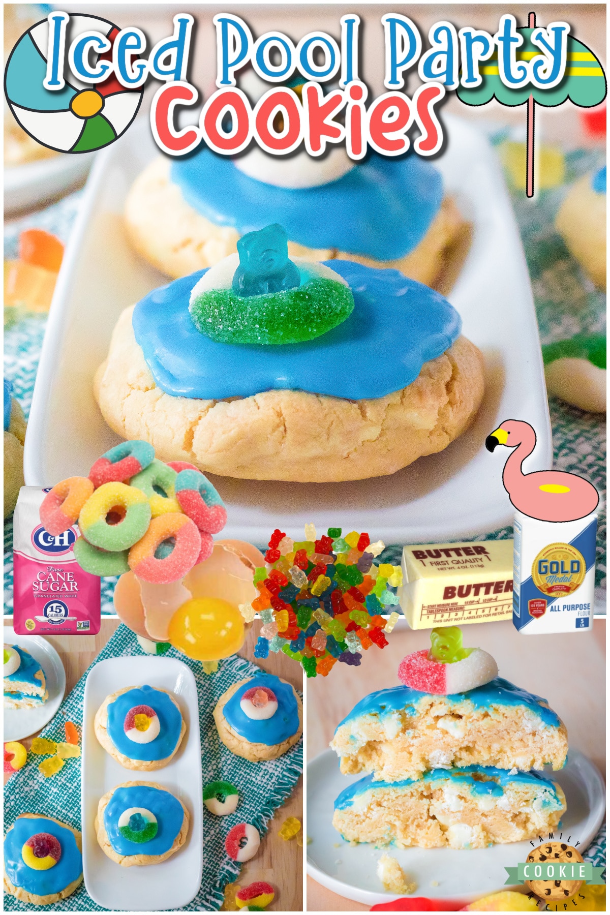 Pool Party Cookies are fun, festive cookies perfect for summer! Chewy creamsicle cookies topped with blue icing and a swimming gummy bear!