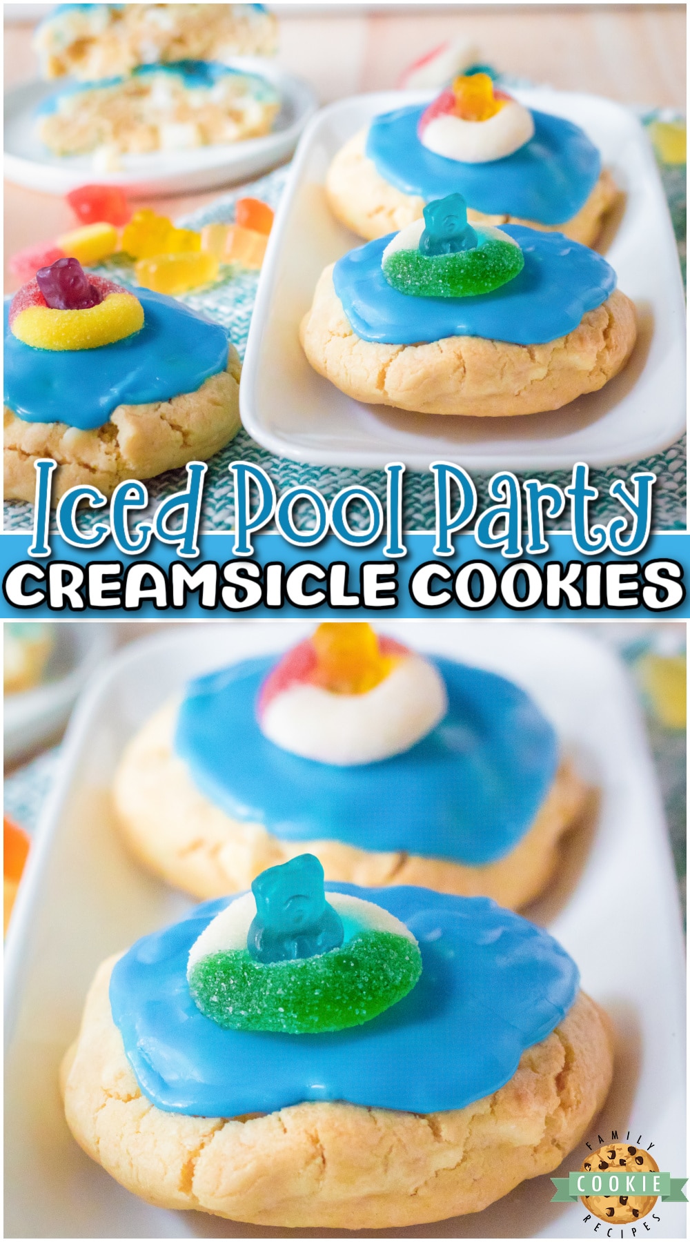 Pool Party Cookies are a fun, festive cookie that perfect for summer! Chewy creamsicle cookies topped with blue icing and a swimming gummy bear! 