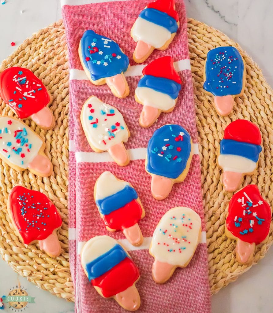 red, white and blue popsicle sugar cookies