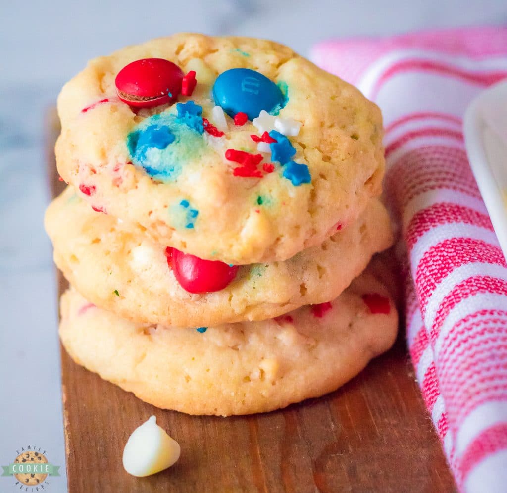 stacked red white and blue M&M cookies with rice krispies