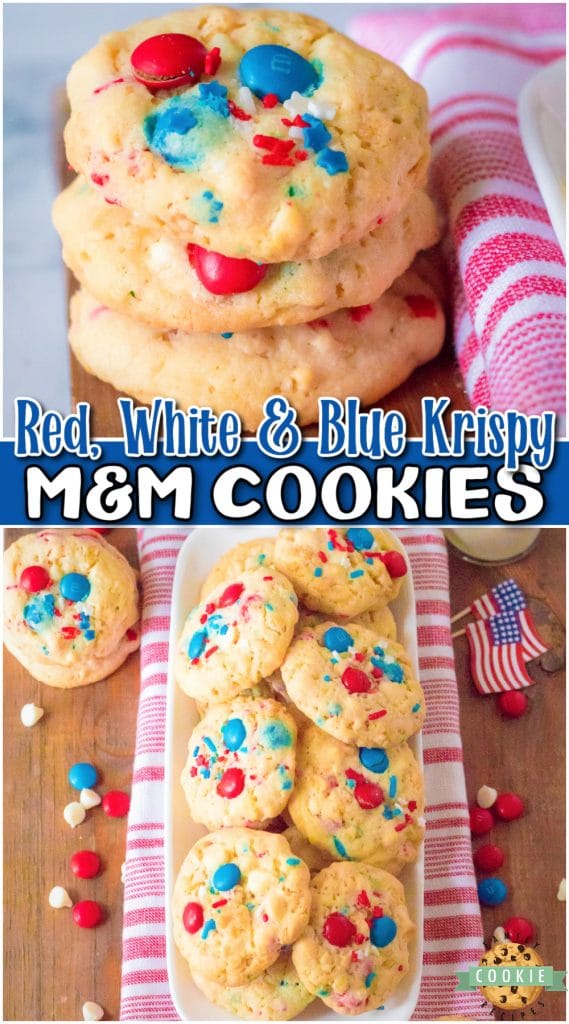 Krispy M&M 4th of July Cookies are soft & chewy, made with M&M's, white chocolate & Rice Krispies! These patriotic cookies are a festive red, white & blue treat for the holiday dessert table. 