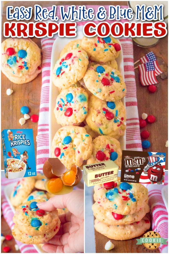 Krispy M&M 4th of July Cookies are soft & chewy, made with M&M's, white chocolate & Rice Krispies! These patriotic cookies are a festive red, white & blue treat for the holiday dessert table. 