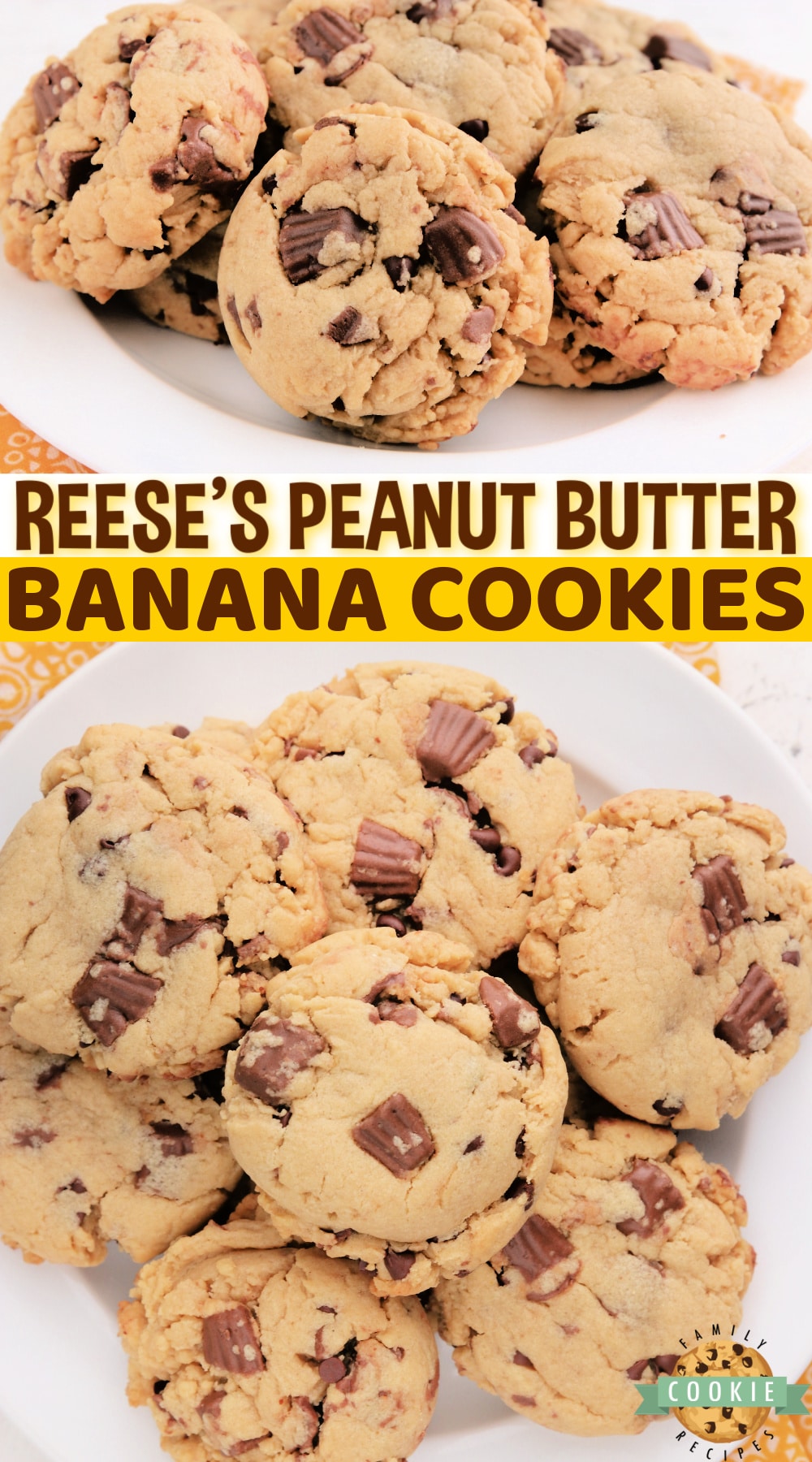 Reese's Peanut Butter Banana Cookies made with Reese's peanut butter cups, chocolate chips, peanut butter and banana pudding mix. Best flavor combination all together in one delicious cookie recipe! via @buttergirls