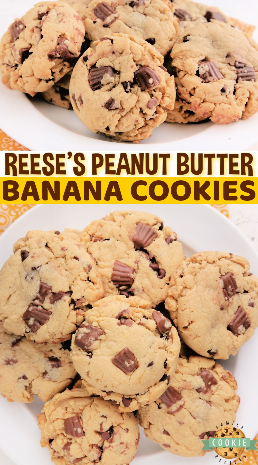 Reese's Peanut Butter Banana Cookies made with Reese's peanut butter cups, chocolate chips, peanut butter and banana pudding mix. Best flavor combination all together in one delicious cookie recipe!