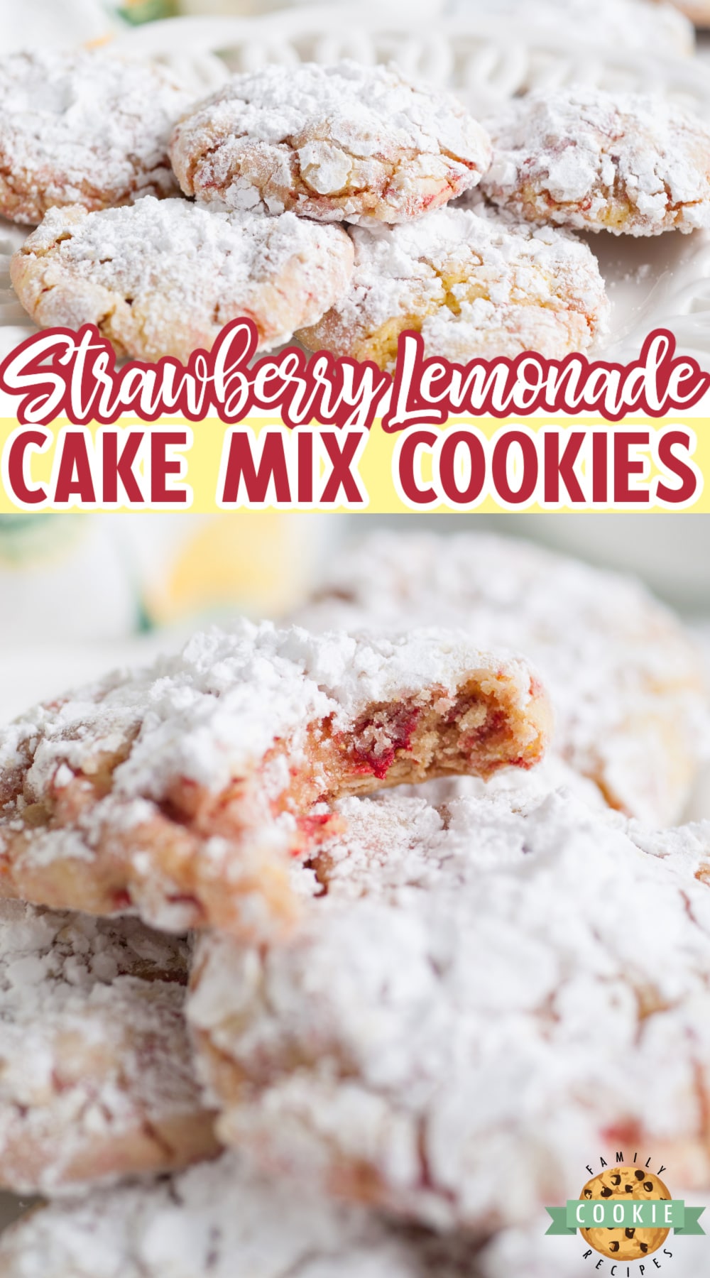 Strawberry Lemonade Cake Mix Cookies made with a lemon cake mix and freeze dried strawberries. Only 5 ingredients to make these soft crinkle cookies that are the perfect balance of tart and sweet.  