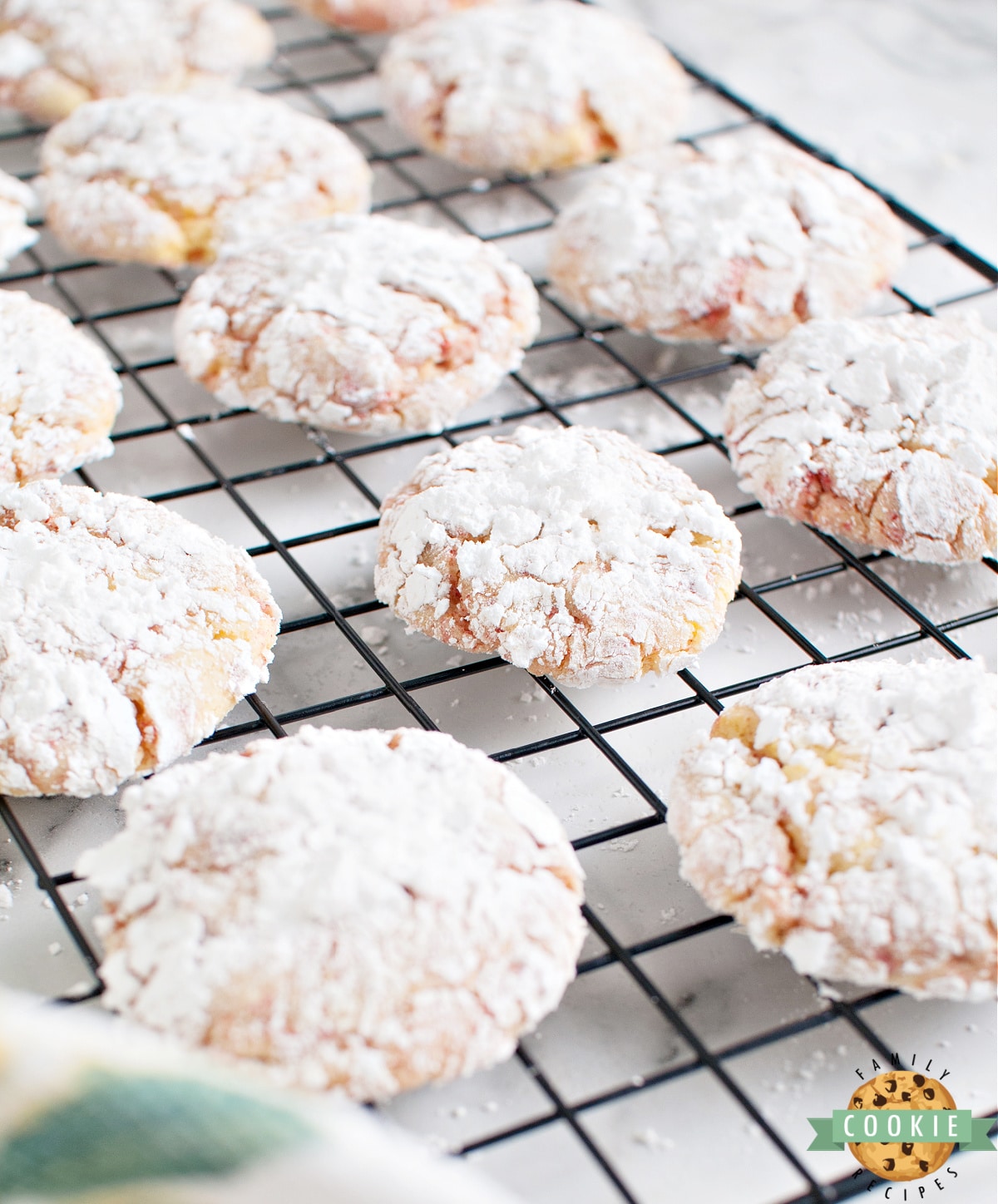 Lemon Cake Mix Crinkle Cookies made with freeze dried strawberries