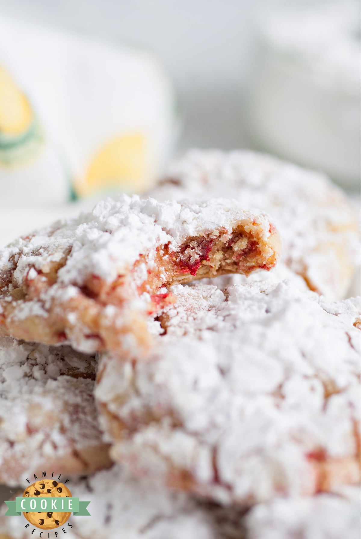 Strawberry Lemonade Cake Mix Cookies made with a lemon cake mix and freeze dried strawberries. Only 5 ingredients to make these soft crinkle cookies that are the perfect balance of tart and sweet.  