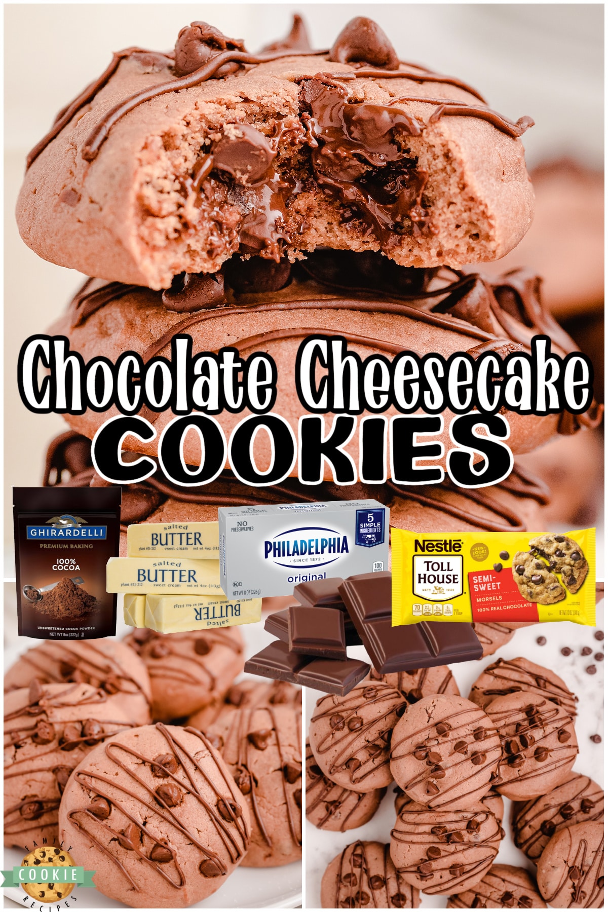 Chocolate Cheesecake Cookies made with cream cheese & chocolate! Everything you love about cheesecake, in cookie form! Soft & chewy cheesecake cookies with 2x the chocolate!