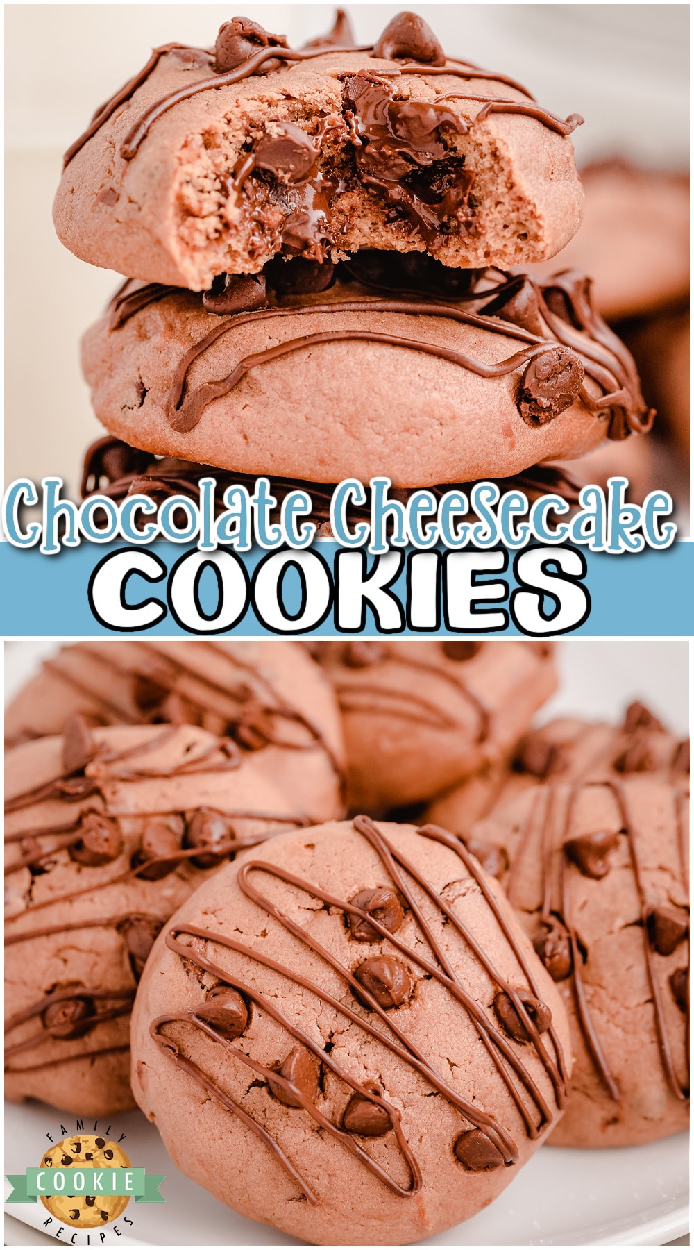 Chocolate Cheesecake Cookies made with cream cheese & chocolate! Everything you love about cheesecake, in cookie form! Soft & chewy cheesecake cookies with 2x the chocolate!