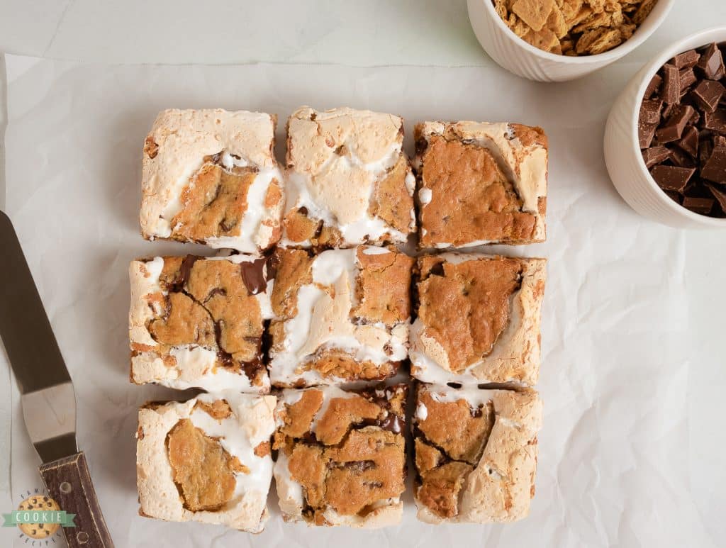 chocolate chip smores bars cut into 9 squares