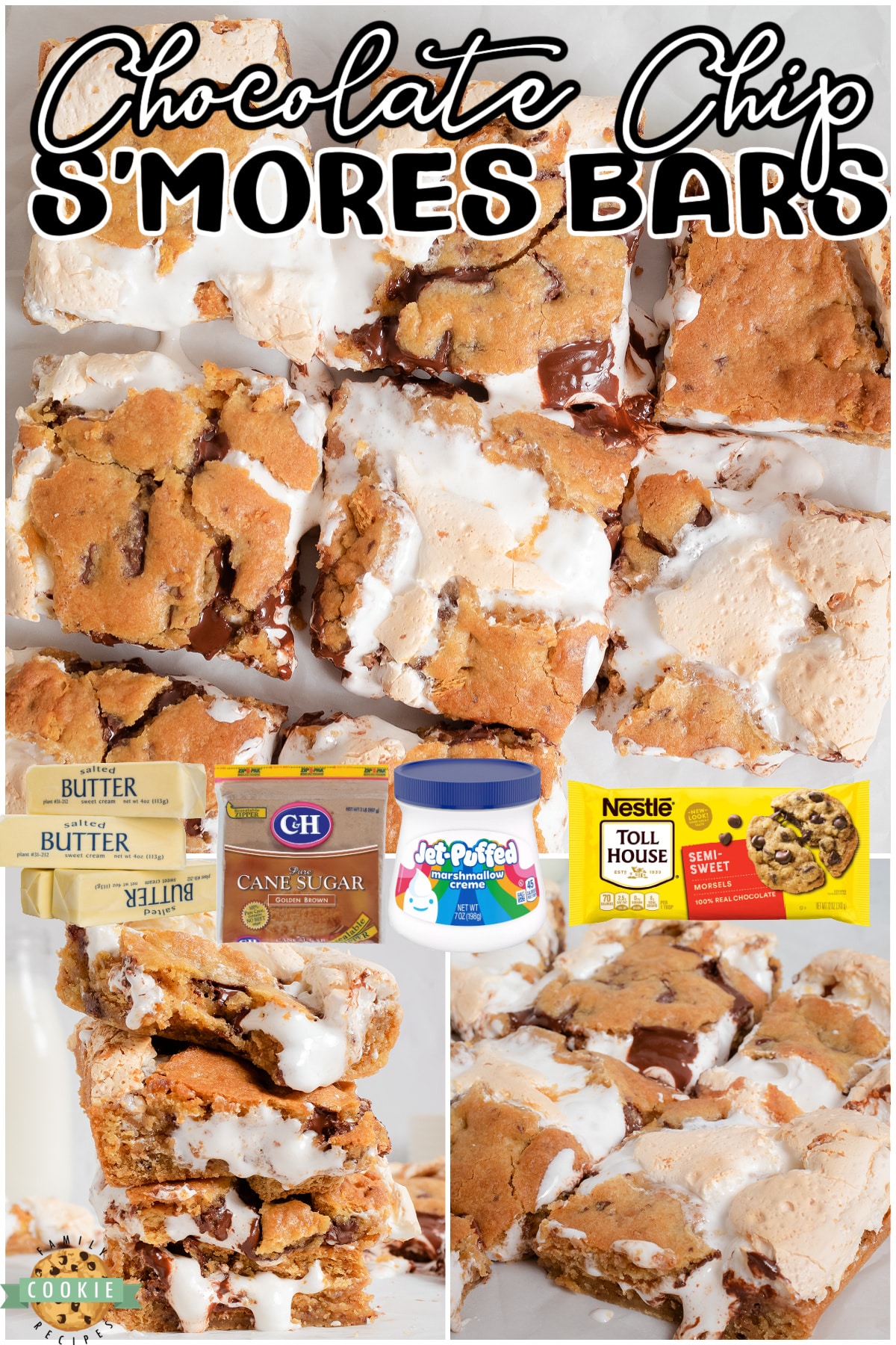 Smores Cookie Bars with chocolate chunks, graham cracker & marshmallow for a fun twist on a classic! Chocolate Chip cookies + s'mores in a delicious dessert bar everyone loves! 