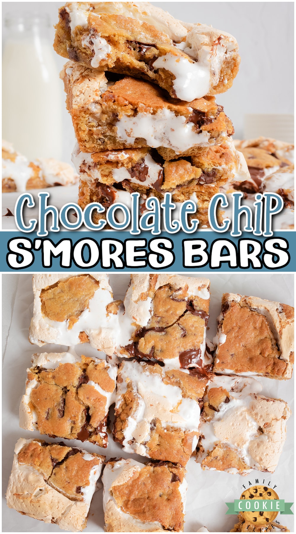 Smores Cookie Bars with chocolate chunks, graham cracker & marshmallow for a fun twist on a classic! Chocolate Chip cookies + s'mores in a delicious dessert bar everyone loves! 