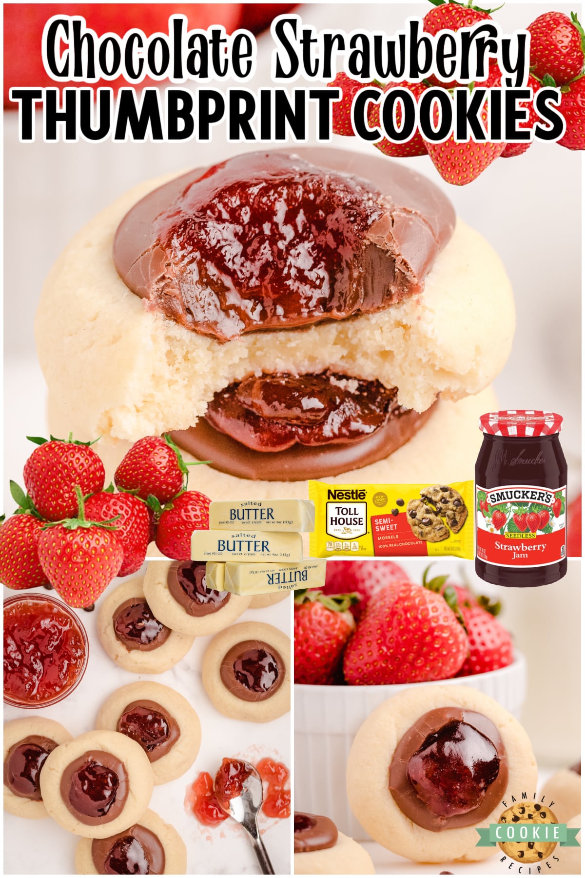 Chocolate Raspberry Thumbprint Cookies are buttery soft cookies, topped with chocolate fudge & raspberry jam! Our Raspberry Thumbprint cookie recipe has a layer of decadent chocolate!