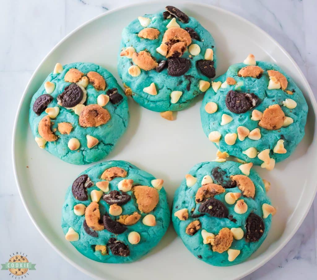 blue cookies for cookie monster on a plate