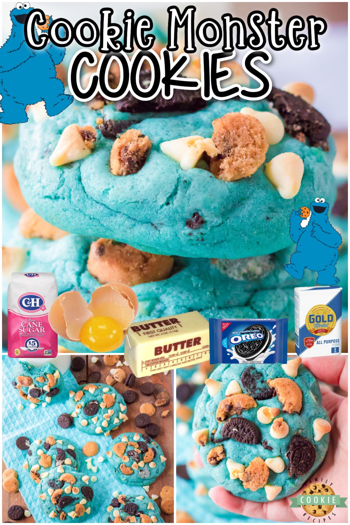 Cookie Monster Cookies are a fun, cute and OH SO delicious treat. Jumbo cookies made BLUE & studded with white chocolate chips, mini Oreos and mini chocolate chip cookies!