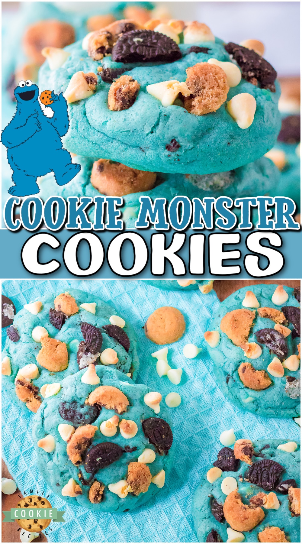 Cookie Monster Cookies are a fun, cute and OH SO delicious treat. Jumbo cookies made BLUE & studded with white chocolate chips, mini Oreos and mini chocolate chip cookies!