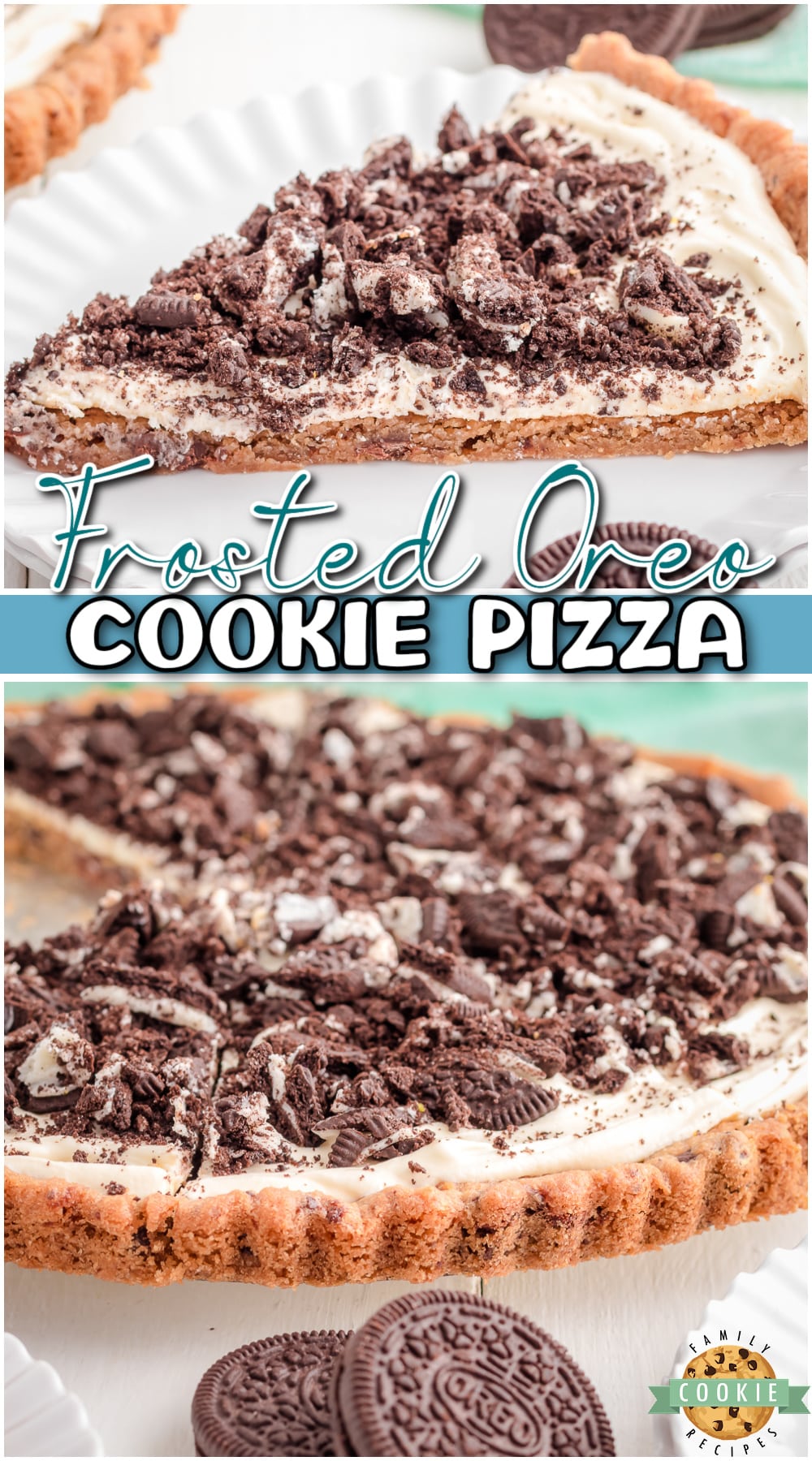 Frosted Oreo Pizza made with chocolate chunk cookie dough, topped with cream cheese frosting & chopped Oreos. Oreo dessert pizza perfect for cookie lovers!