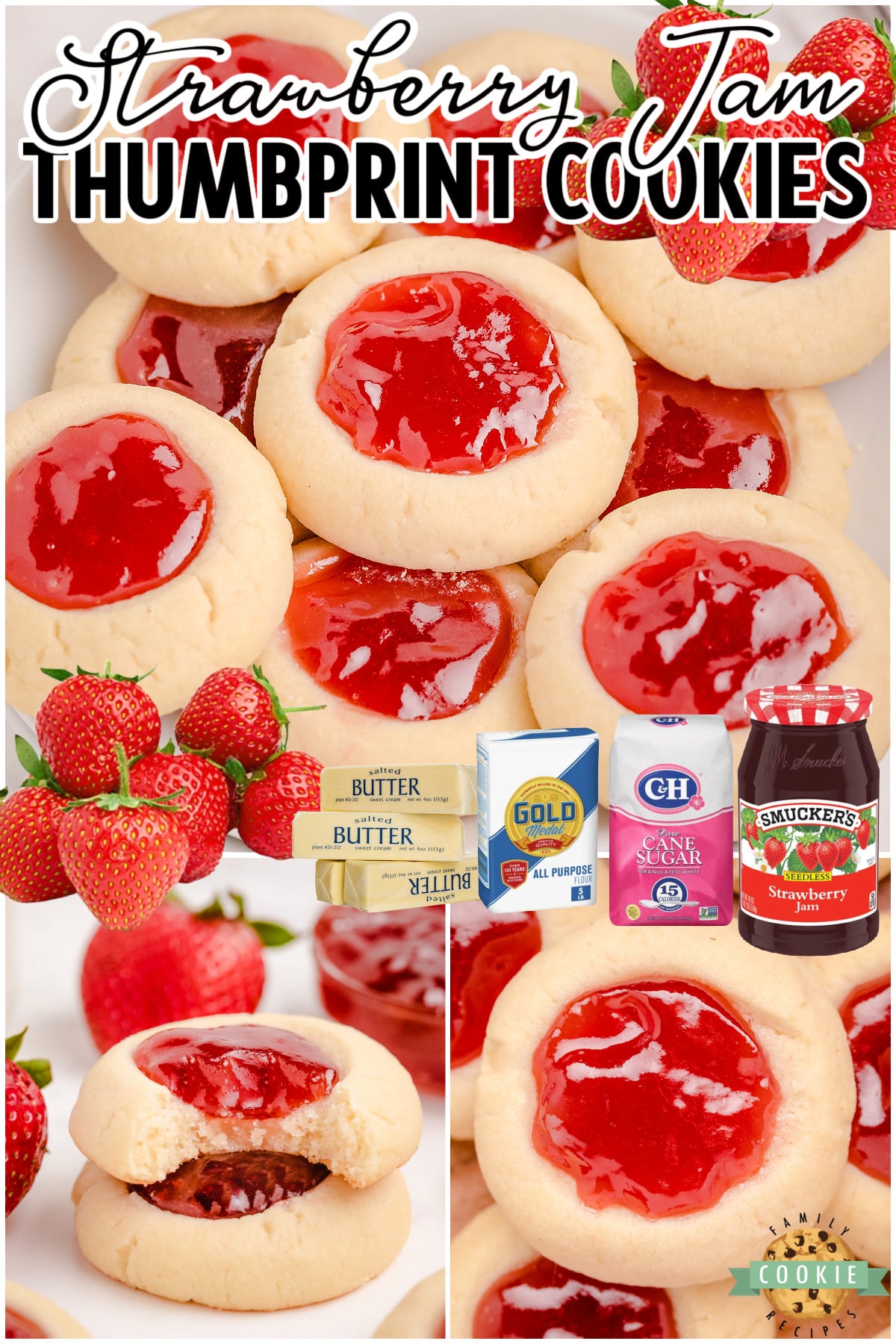 Strawberry Thumbprint Cookies are a soft, buttery melt-in-your-mouth cookie topped with sweet strawberry jam! Classic thumbprint cookies with jam are made easy with pantry ingredients & taste delicious!