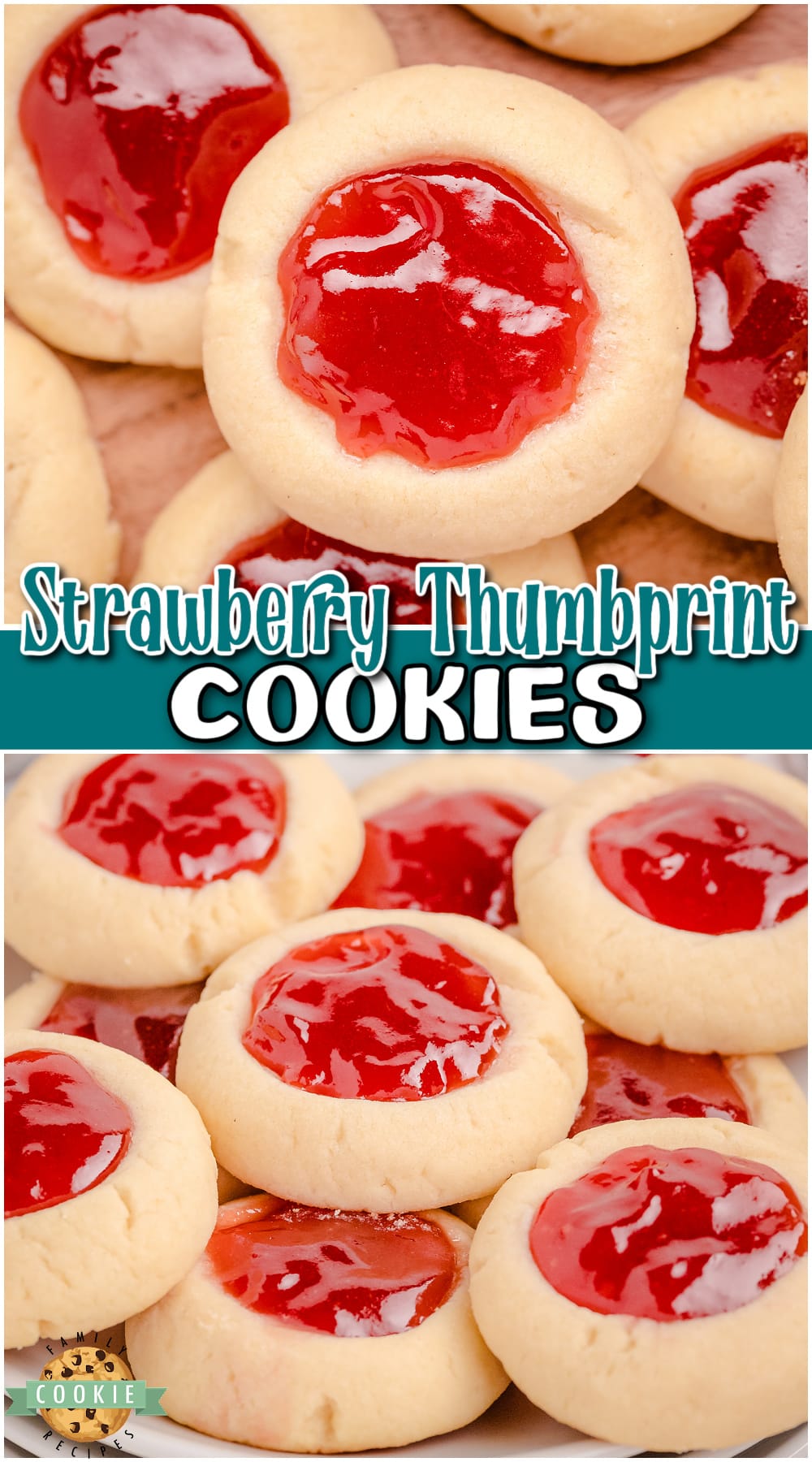 Strawberry Thumbprint Cookies are a soft, buttery melt-in-your-mouth cookie topped with sweet strawberry jam! Classic thumbprint cookies with jam are made easy with pantry ingredients & taste delicious!