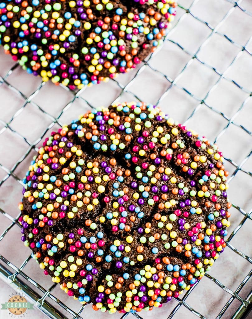 chocolate sprinkle cookies on a cooling rack