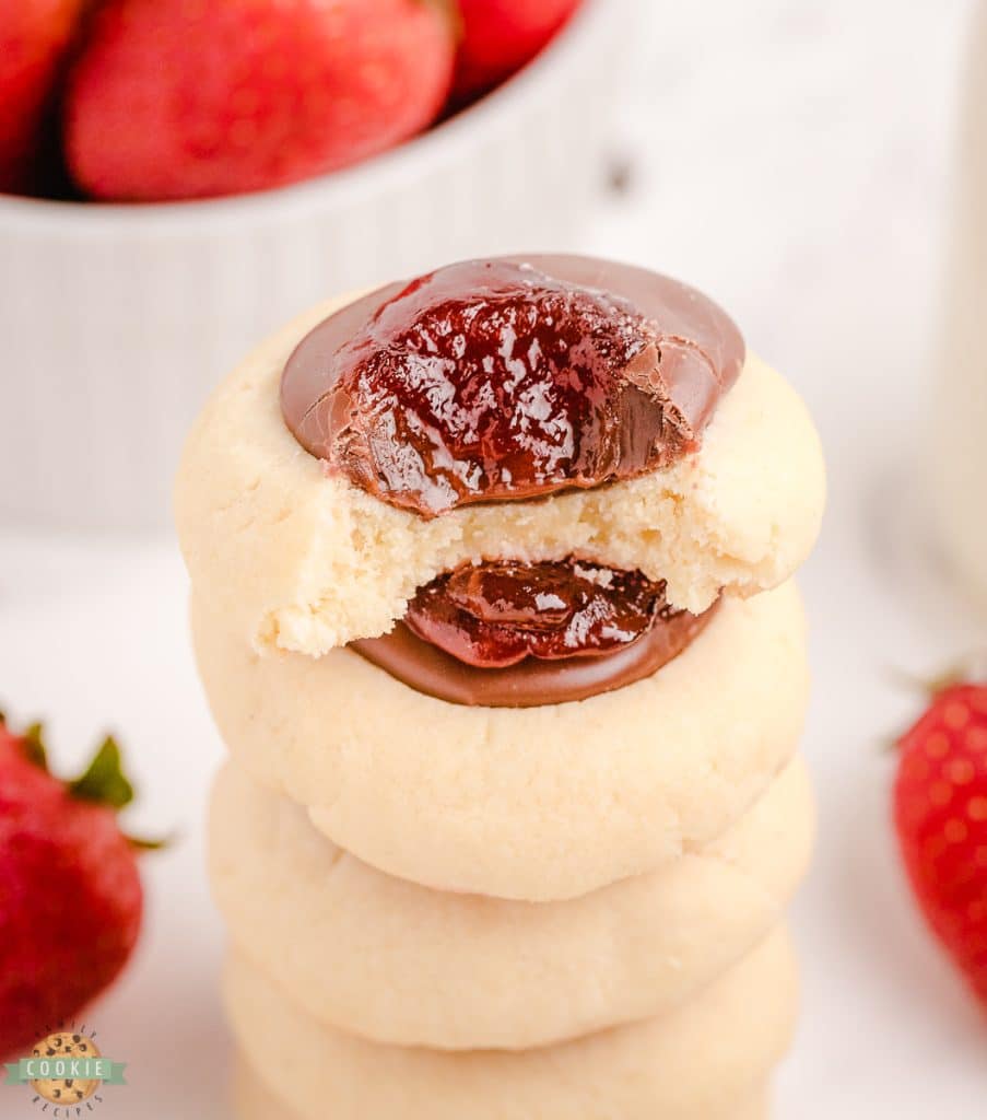 stack of chocolate strawberry thumbprints