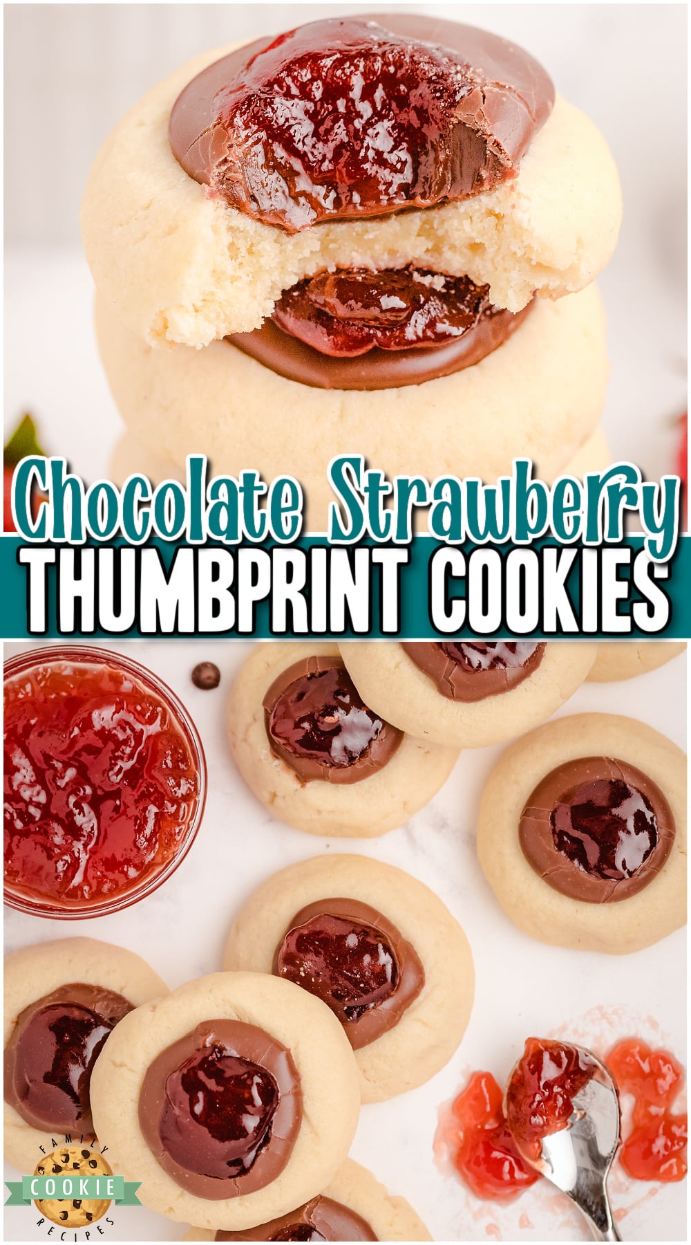 Chocolate Strawberry Thumbprint Cookies made with a buttery cookie & topped with chocolate fudge & strawberry jam! It's a chocolate covered strawberry in cookie form!