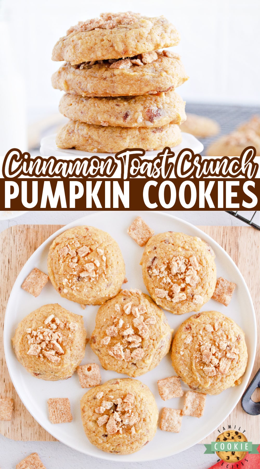 Cinnamon Toast Crunch Pumpkin Cookies made with a cookie mix, canned pumpkin and Cinnamon Toast crunch cereal. Only 5 ingredients needed to make this delicious pumpkin cookie recipe!