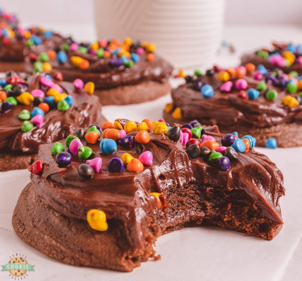 Thick fudgy Cosmic Brownie Cookie with a bite