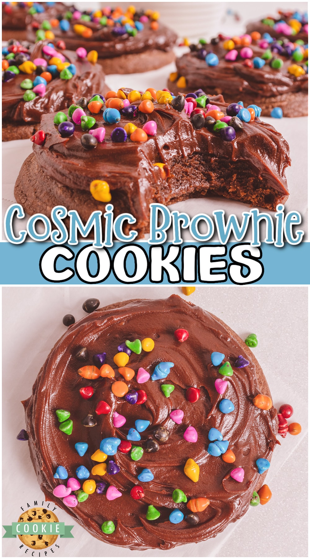 Cosmic Brownie Cookies are fudgy cookies covered in chocolate ganache & topped with fun rainbow sprinkles! Cookies perfect for Cosmic Brownie lovers! 