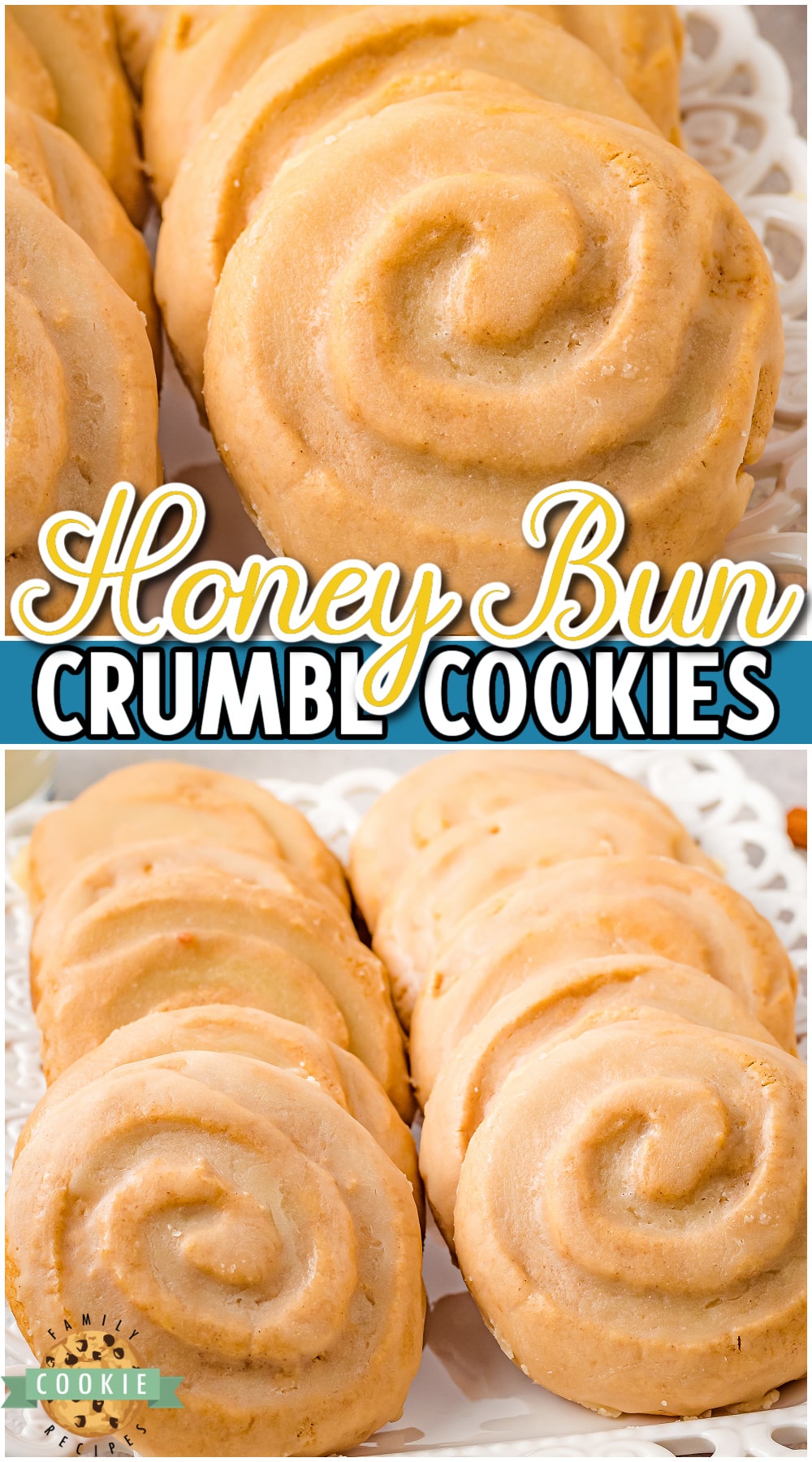 Honey Bun Cookies look just like a honey bun and are topped with a delicious honey butter glaze. Honey bun Crumbl cookie recipe has an incredible warm buttery cinnamon flavor everyone loves! via @buttergirls
