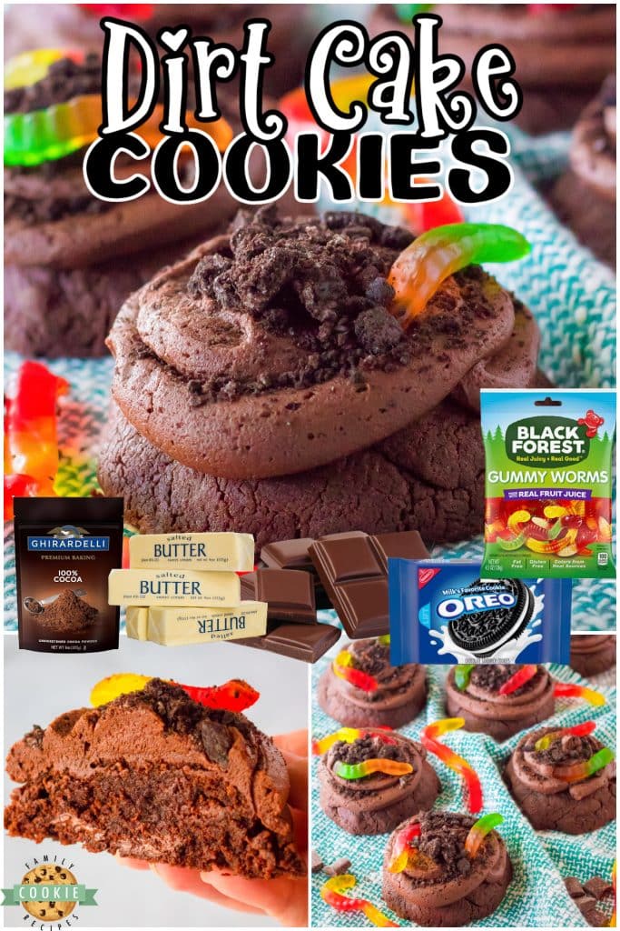Dirt Cake Cookies are double chocolate cookies topped with Oreos, chocolate buttercream & gummy worms! Fun, chocolatey mud cookies perfect for Birthdays or anytime!
